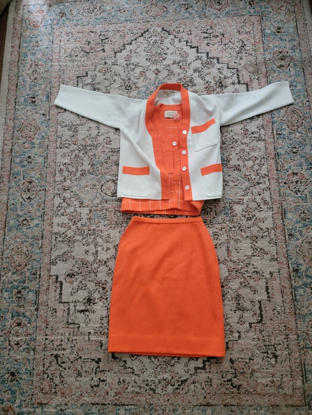 Vintage SET White & Bright Orange Two-Piece Skirt Set Size 10